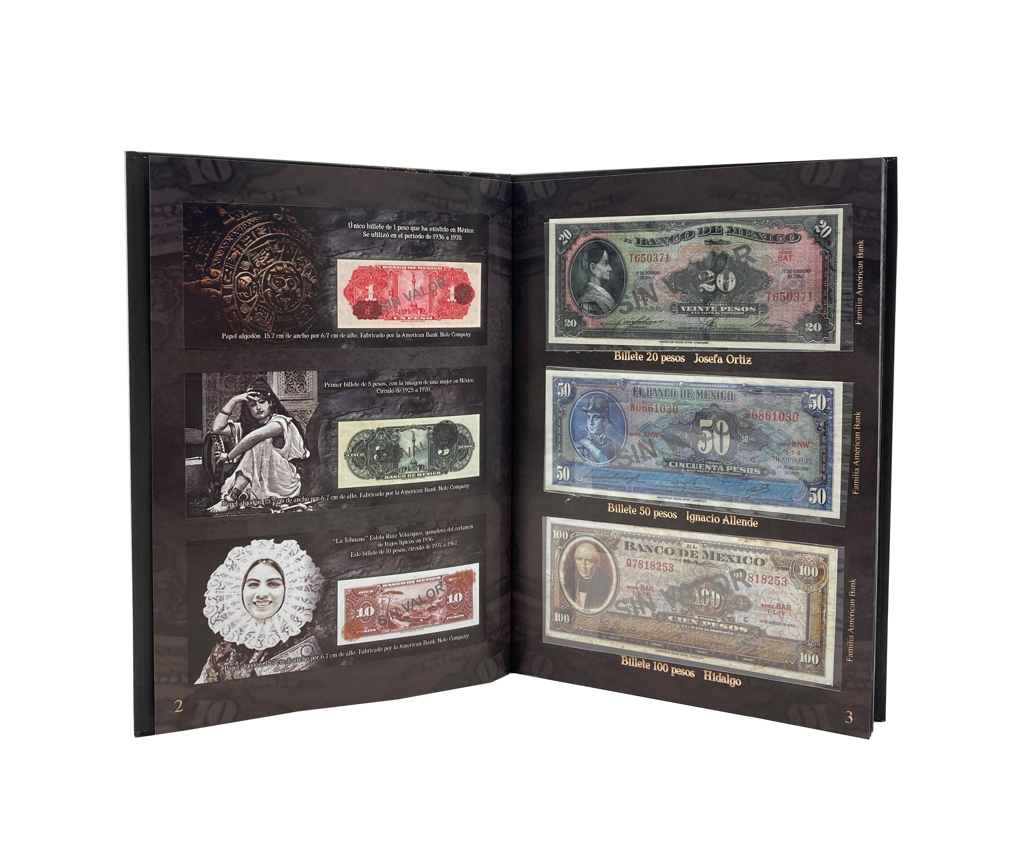 Álbum coleccionador de billetes mexicanos con 32 espacios, información histórica e impresión de alta calidad. Portada con diseño de la Piedra del Sol y acabado profesional. Ideal para coleccionistas. Álbum coleccionador de billetes mexicanos con 32 espacios, información histórica e impresión de alta calidad. Portada con diseño de la Piedra del Sol y acabado profesional. Ideal para coleccionistas.